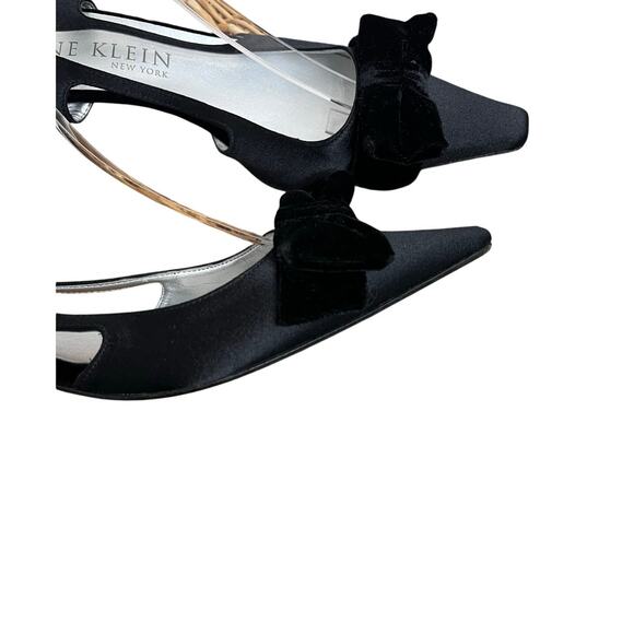 Anne Klein Vintage Slingback Heels 8.5 Black Satin Bow Kitten Made in Italy - Picture 2 of 9